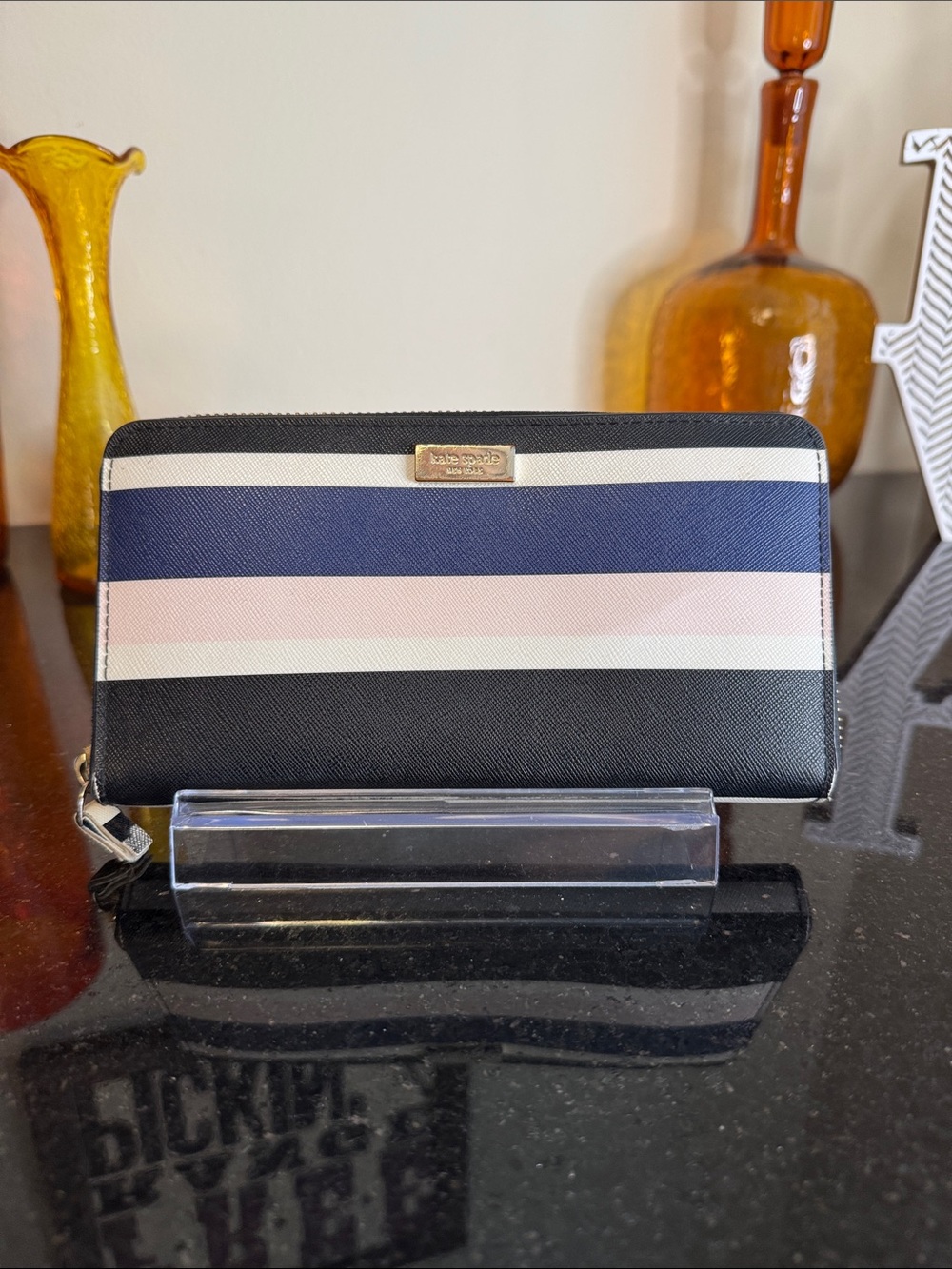 kate spade Striped Zip Wallet in Black, Navy & Pink